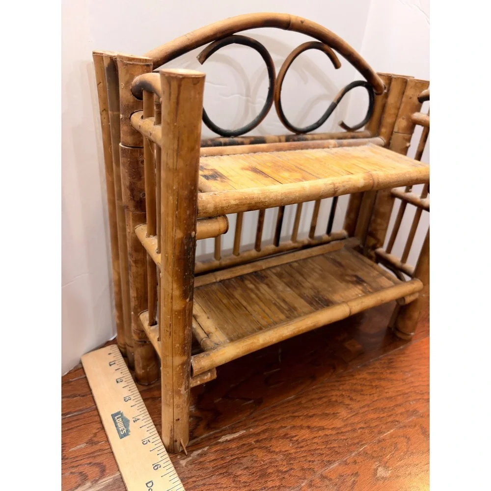 Vintage Burnt Bamboo Folding Wall Shelf Tortoiseshell Mini Boho Rattan Etagere